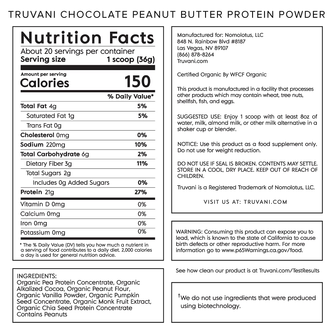 Truvani Vegan Chocolate Peanut Butter Protein Powder - 20g Plant-Based Protein, Gluten - Maple Wellness Supplements