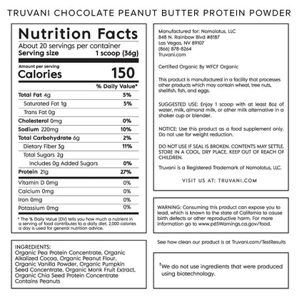 Truvani Vegan Chocolate Peanut Butter Protein Powder - 20g Plant-Based Protein, Gluten - Maple Wellness Supplements