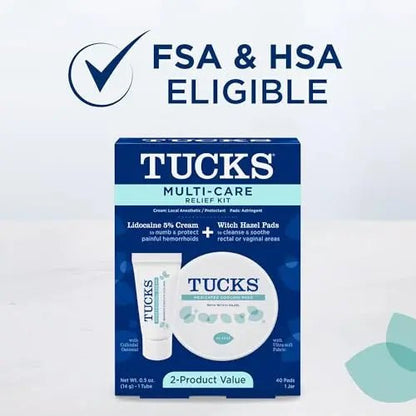 Tucks Multi-Care Relief Kit – 40 Count Witch Hazel Pads & 0.5 oz. Lidocaine Cream - Protects from Irritation, Hemorrhoid Treatment Medicated Pads Used by Hospitals - Maple Wellness Supplements