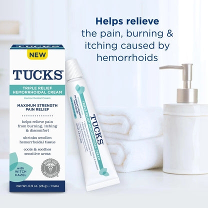 Tucks Triple Relief Hemorrhoidal Cream, Maximum Strength Pain Relief from Burning, Itching and Discomfort, with Witch Hazel, Treatment, Brand Used by Hospitals, 0.9oz. (26g) - Maple Wellness Supplements