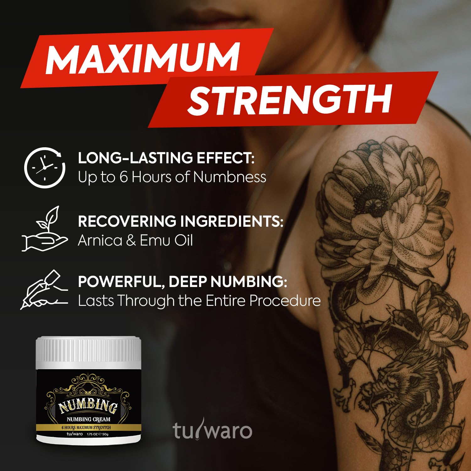 tuiwaro Numbing Cream Extra Strength: Relief Long Lasting & Fast-Absorbing with Emu Oil and Arnica — Non-Greasy 50 mL - Maple Wellness Supplements