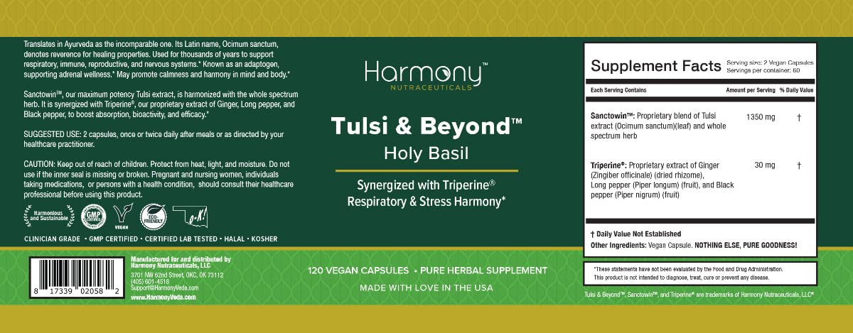 Tulsi - Holy Basil Supplement - Highest Potency, Maximum bio-availabilty, Made with Organic Herbs (Vegetarian Capsules, 120 Count) - Maple Wellness Supplements
