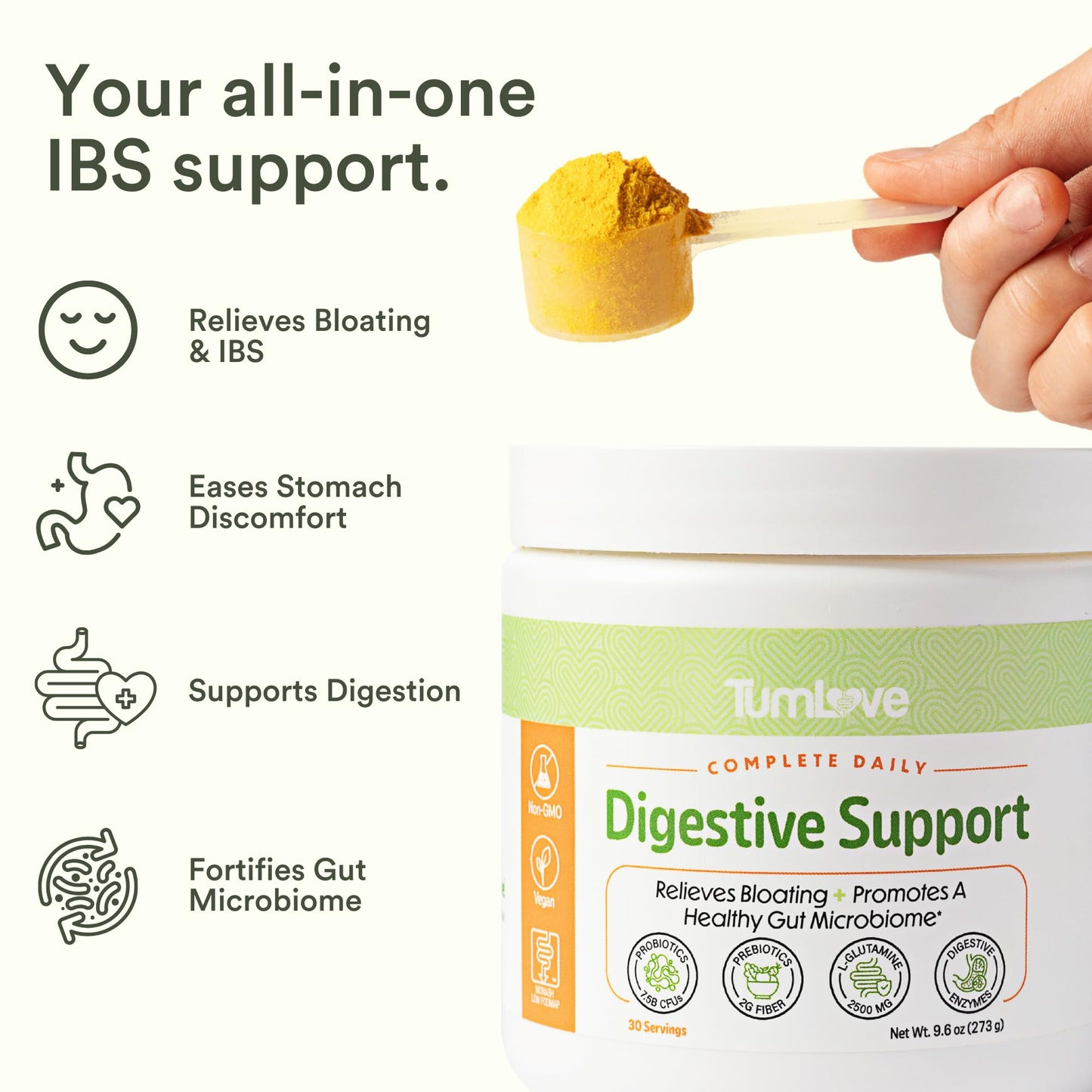 TumLove IBS Relief & Digestive Support Powder – Low FODMAP Certified, Probiotics, Prebiotics, Digestive Enzymes, L-Glutamine & 5 Soothing Herbs - Maple Wellness Supplements