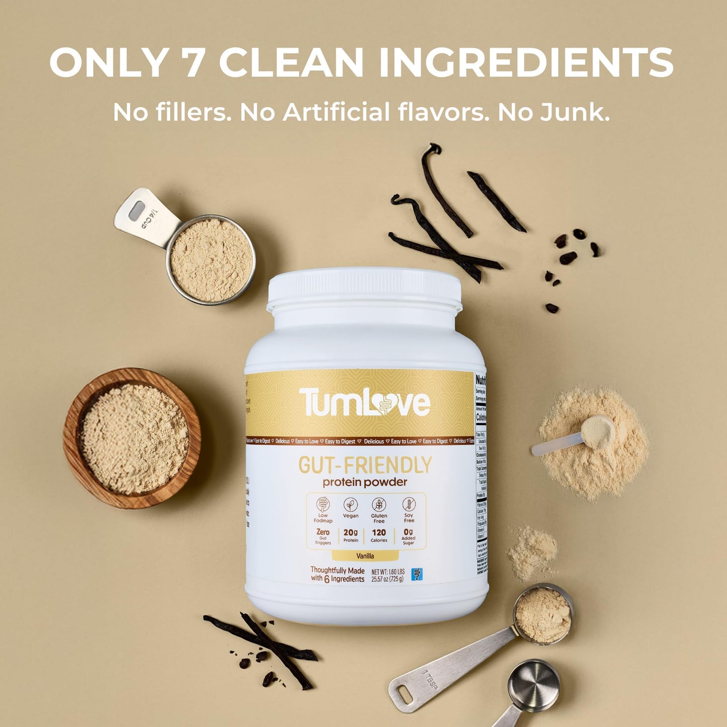 TumLove Vegan Protein Powder - Low FODMAP Certified, Gluten-Free, Dairy-Free, Soy-Free, 100% Gut-Friendly & Non-Bloating, Vanilla (25 Servings) - Maple Wellness Supplements