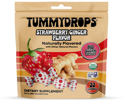 Tummydrops, No Sugar Strawberry Ginger Flavor, Gluten Free & Vegan, 33 Individually Wrapped Organic Ginger Lozenges Made with Organic Monkfruit - Maple Wellness Supplements