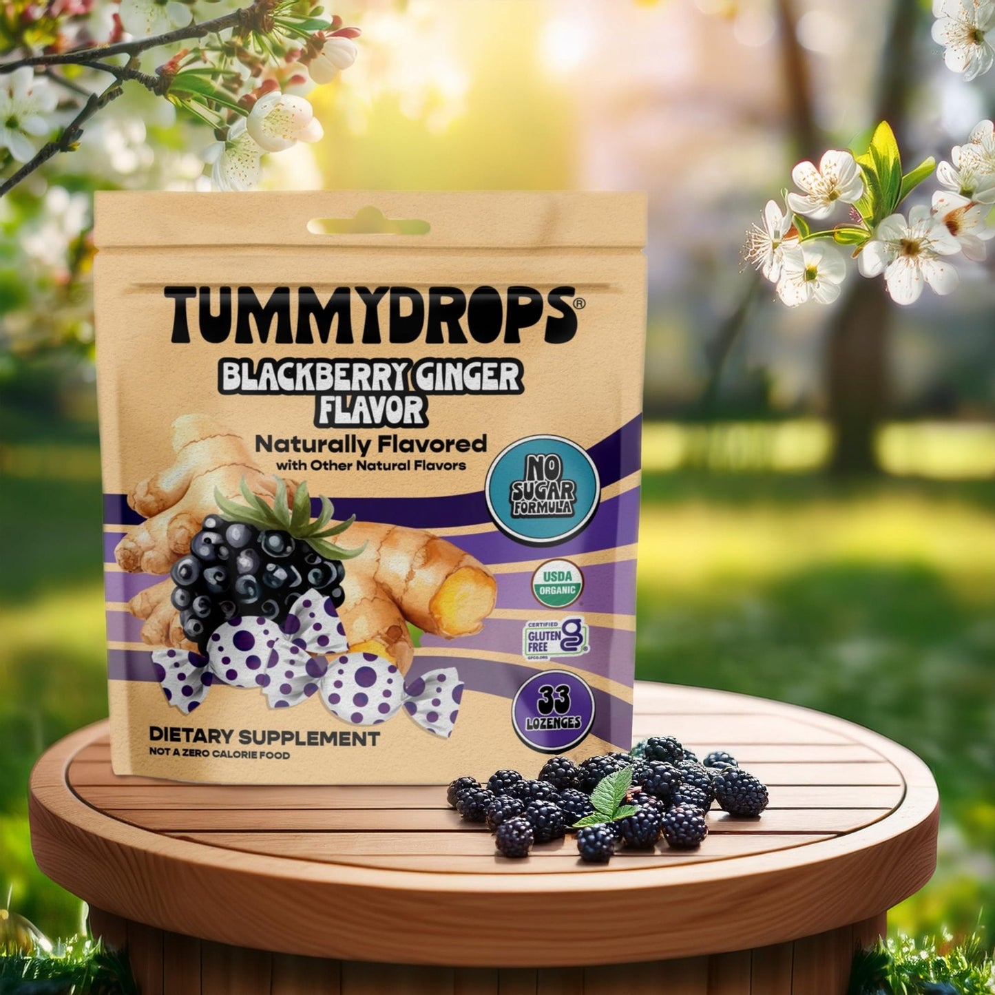 Tummydrops, No Sugar Sweet Blackberry Ginger Flavor, Gluten Free & Vegan, 33 Individually Wrapped Organic Ginger Lozenges Made with Organic Monkfruit - Maple Wellness Supplements