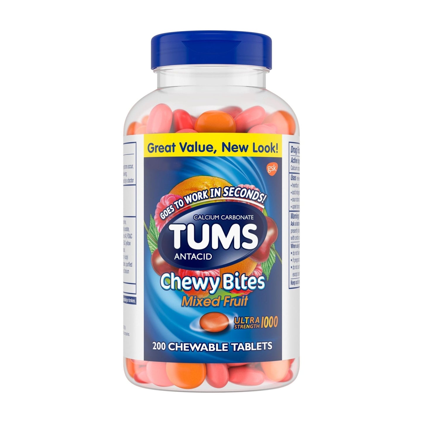 TUMS Chewy Bites Chewable Antacid Tablets for Ultra Strength Heartburn Relief, Great for a Summer BBQ- Mixed Fruit - 200 Count - Maple Wellness Supplements