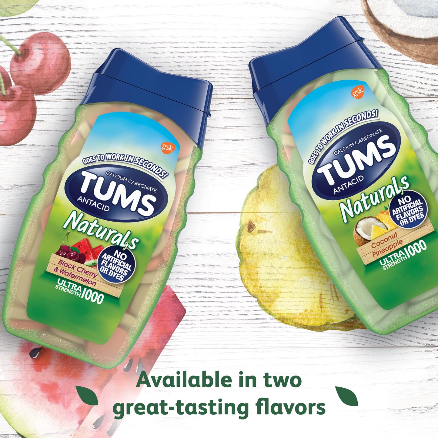 TUMS Naturals Ultra Strength Antacid Chews for Heartburn Relief, Great for a Summer BBQ - Black Cherry & Watermelon - 190 Count - Maple Wellness Supplements