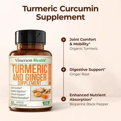 Turmeric and Ginger Supplement with Black Pepper for Joint Support, Digestive & Gut Health - Contains Organic Turmeric with Ginger Root Supplement - Maple Wellness Supplements