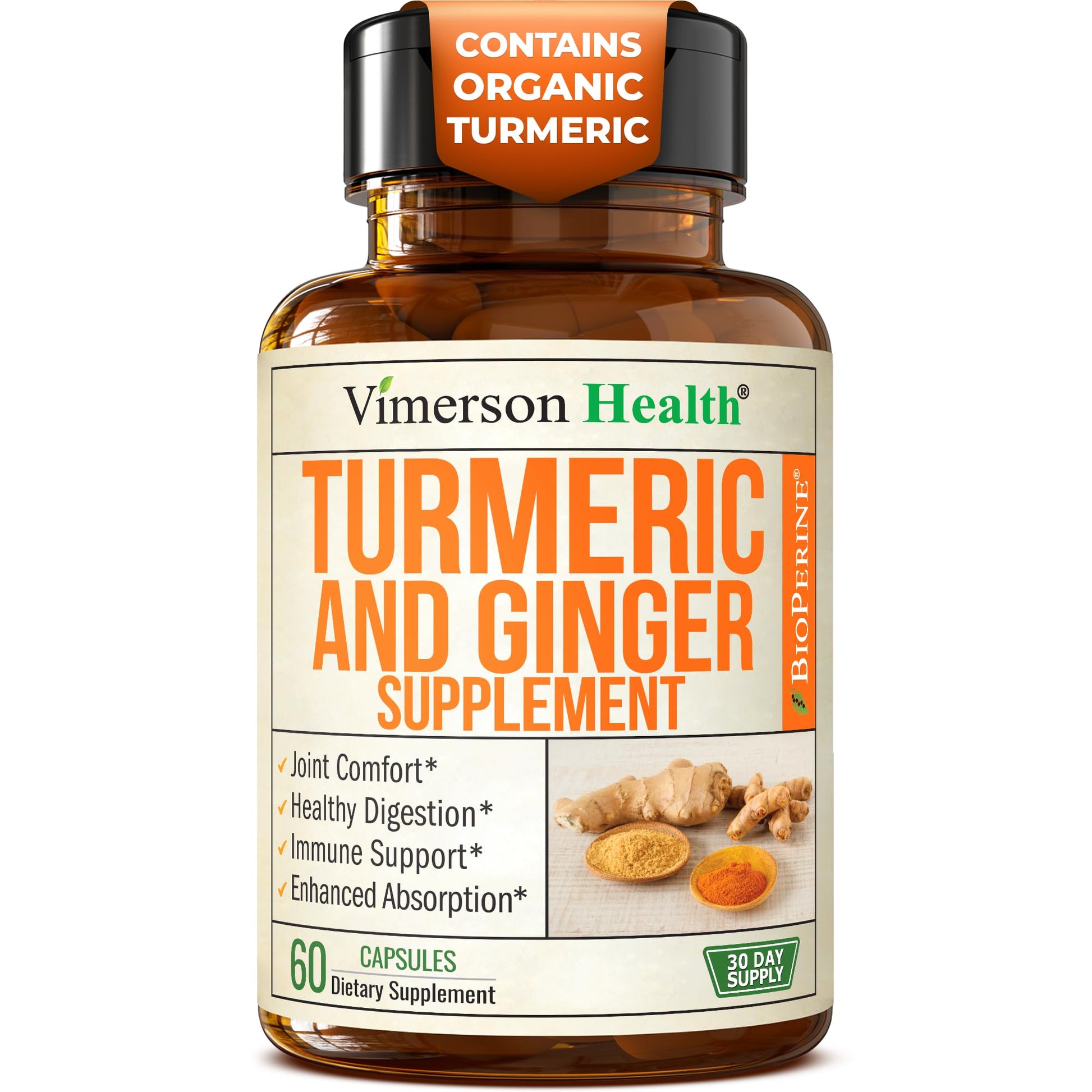 Turmeric and Ginger Supplement with Black Pepper for Joint Support, Digestive & Gut Health - Contains Organic Turmeric with Ginger Root Supplement - Maple Wellness Supplements