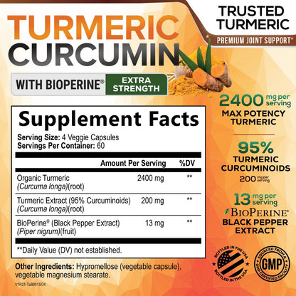 Turmeric Curcumin Supplement - 2400mg Organic Turmeric Per Serving - 95% Curcuminoids & BioPerine Black Pepper Extract for Best Absorption - Natural Vegan Joint Support - Maple Wellness Supplements