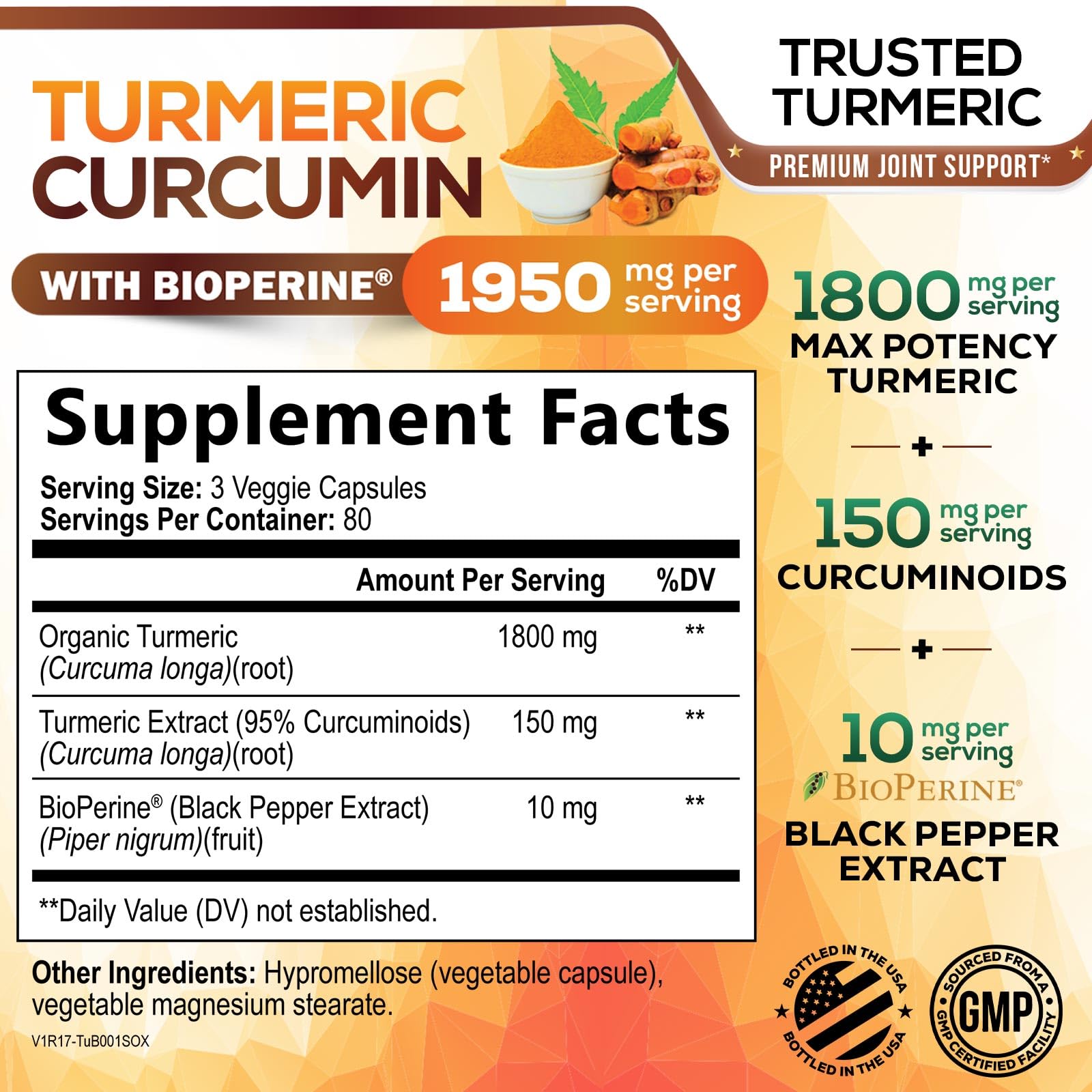 Turmeric Curcumin Supplement - 95% Curcuminoids with Organic Turmeric & BioPerine Black Pepper for Best Absorption - Daily Joint & Immune Health Support - Maple Wellness Supplements
