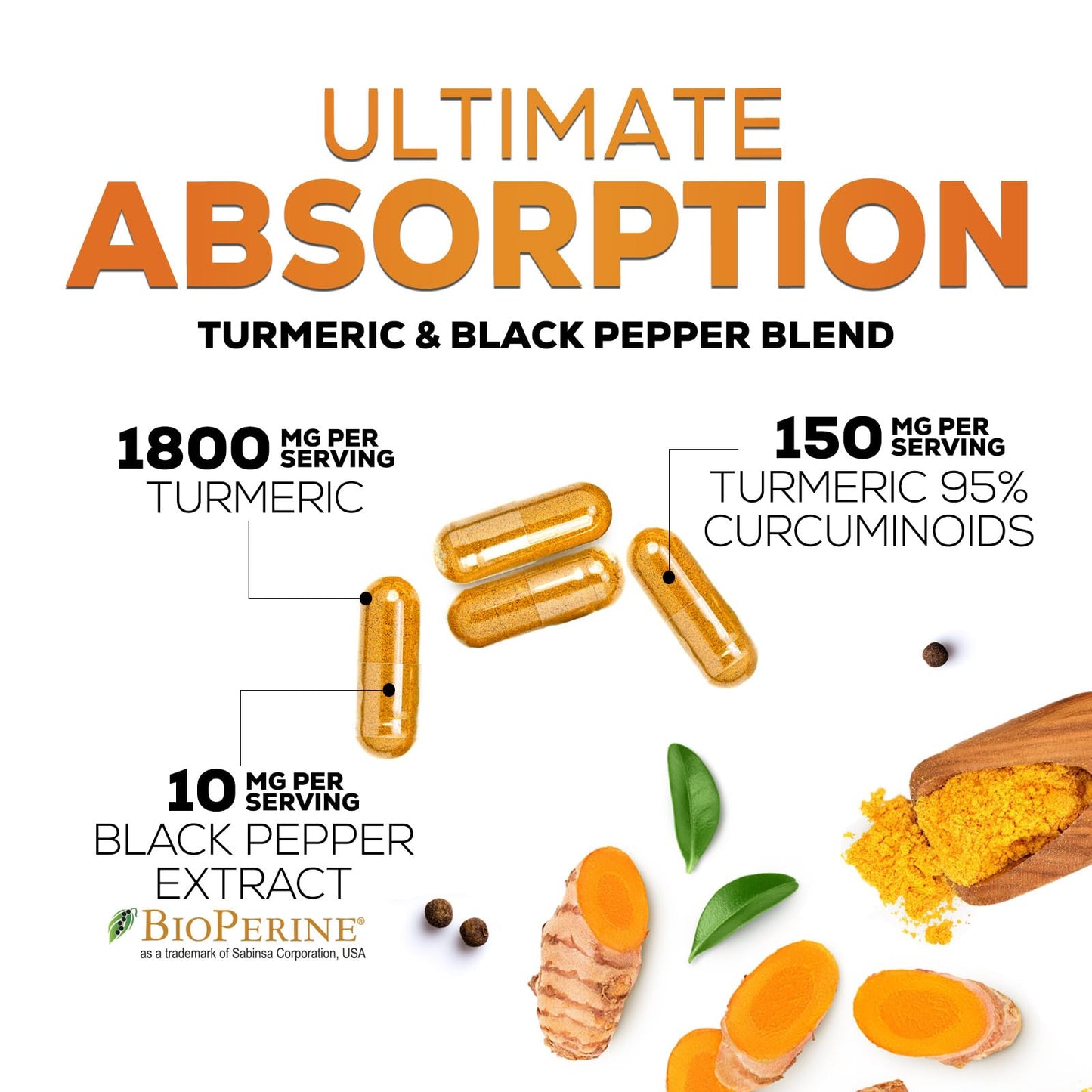 Turmeric Curcumin Supplement - 95% Curcuminoids with Organic Turmeric & BioPerine Black Pepper for Best Absorption - Daily Joint & Immune Health Support - Maple Wellness Supplements
