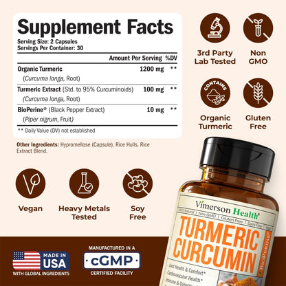 Turmeric with Black Pepper - High Potency Organic 1200mg Turmeric Curcumin Supplement for Joint Support & Digestive Health - Curcumin with Black Pepper - Maple Wellness Supplements