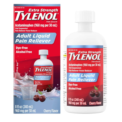 Tylenol Adult Liquid Pain Reliever and Fever Reducer, Extra Strength Liquid Acetaminophen for Fast Pain Relief for Headaches & Other Minor Pain, Cherry Flavor, Dye & Alcohol Free, 8 fl. oz - Maple Wellness Supplements