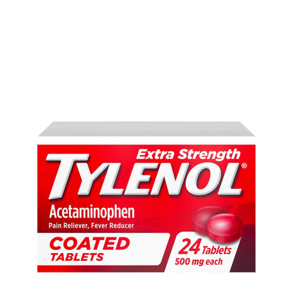 Tylenol Extra Strength Pain Reliever & Fever Reducer, Round Coated Tablets, 500 mg Acetaminophen Pain Relief Pills for Headache, Toothache & Minor Arthritis Pain, 24 ct - Maple Wellness Supplements
