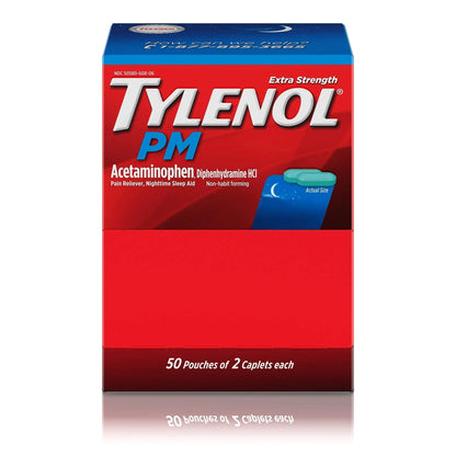 Tylenol PM Extra Strength, 50 Pouches of 2 Caplets, Dispenser Box (Pack of 2) - Maple Wellness Supplements