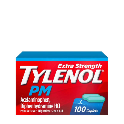 Tylenol PM Extra Strength Nighttime Pain Reliever & Sleep Aid Caplets, Fast, Strong Pain Relief, 500 mg Acetaminophen & 25 mg Diphenhydramine HCl, Non-Habit Forming Medicine for Aches & Cramps, 100 Ct - Maple Wellness Supplements