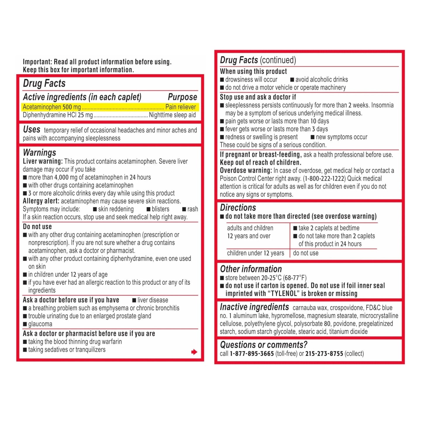 Tylenol PM Extra Strength Nighttime Pain Reliever & Sleep Aid Caplets, Fast, Strong Pain Relief, 500 mg Acetaminophen & 25 mg Diphenhydramine HCl, Non-Habit Forming Medicine for Aches & Cramps, 100 Ct - Maple Wellness Supplements