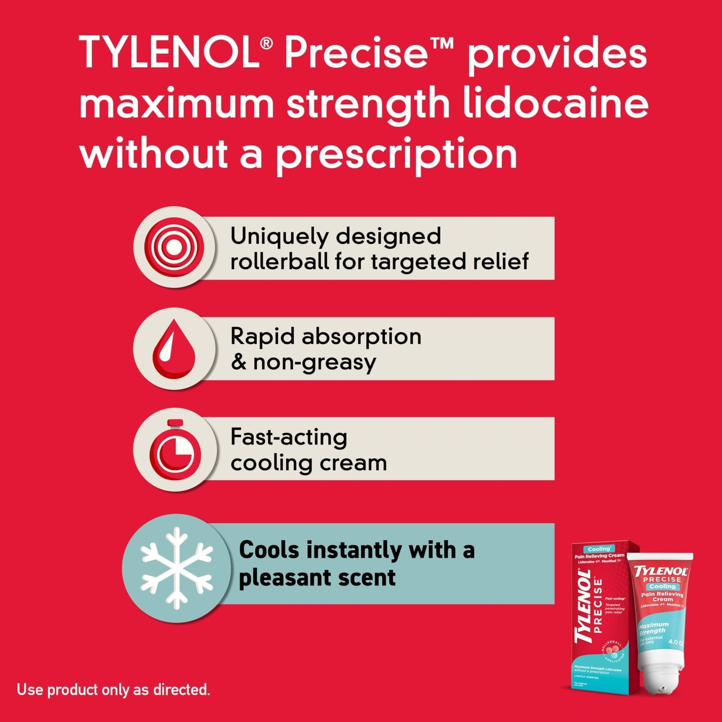 Tylenol Precise Cream, Cooling Sensation Pain Relief, Roll‑On, Lidocaine 4%, Menthol 1%, Targeted Maximum OTC Strength Combination for Back, Muscle and Joint, Numbing Cream Rollerball Applicator, 4 oz - Maple Wellness Supplements