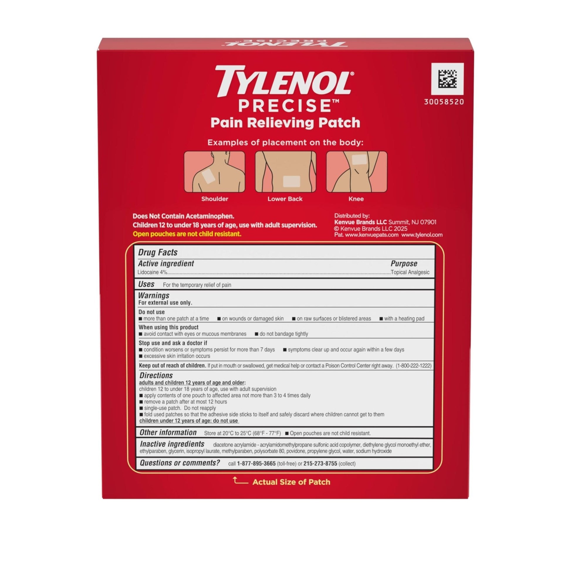 Tylenol Precise Pain Relieving Patches, Large Topical Analgesic Patches + Maximum OTC Strength Lidocaine Penetrates, Targeted Relief Ideal for Shoulder, Back & Knee Pain, Unscented, 4 ct - Maple Wellness Supplements