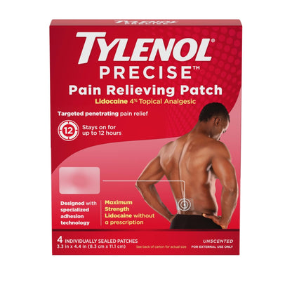 Tylenol Precise Pain Relieving Patches, Large Topical Analgesic Patches + Maximum OTC Strength Lidocaine Penetrates, Targeted Relief Ideal for Shoulder, Back & Knee Pain, Unscented, 4 ct - Maple Wellness Supplements