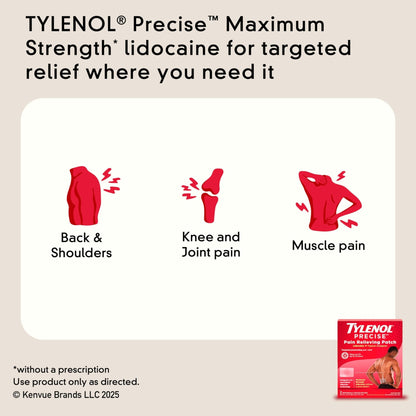Tylenol Precise Pain Relieving Patches, Large Topical Analgesic Patches + Maximum OTC Strength Lidocaine Penetrates, Targeted Relief Ideal for Shoulder, Back & Knee Pain, Unscented, 4 ct - Maple Wellness Supplements