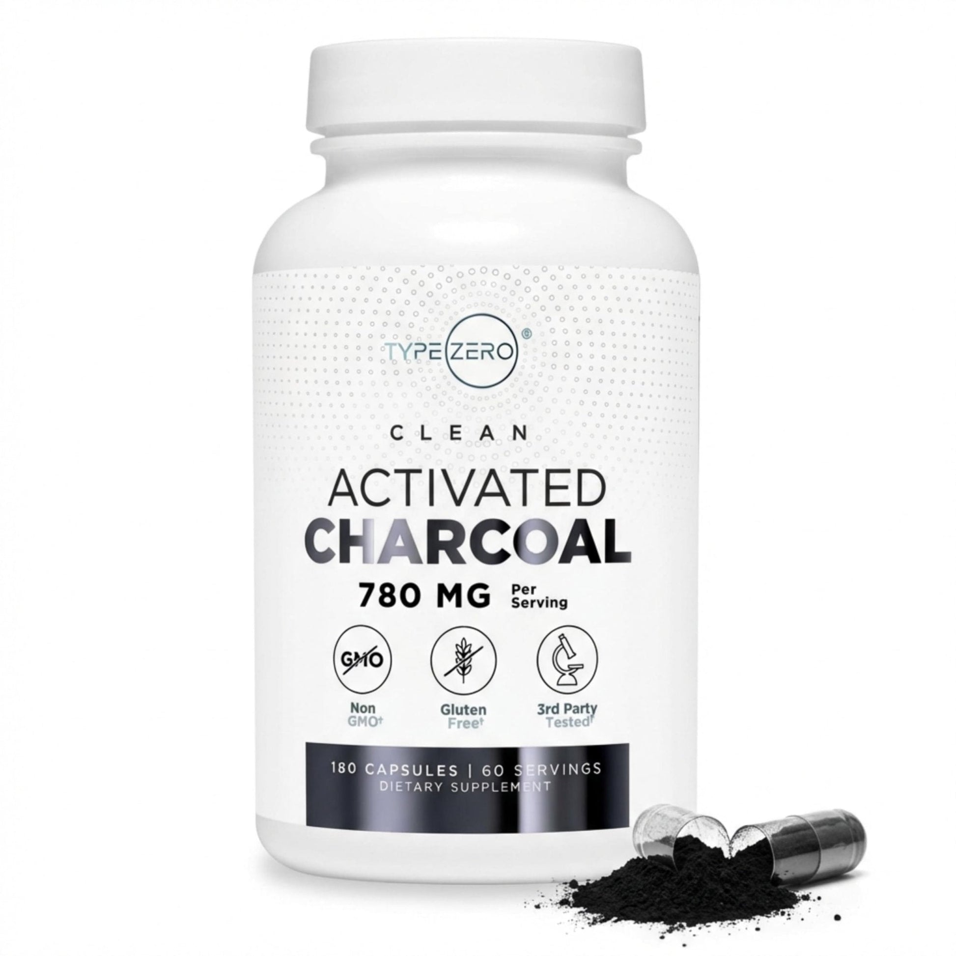 Type Zero Activated Charcoal Capsules (180 Count) - 60 Servings, 780mg Per Serving, from Coconut Shell, Non-GMO, Gluten-Free - Maple Wellness Supplements