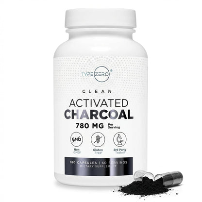 Type Zero Activated Charcoal Capsules (180 Count) - 60 Servings, 780mg Per Serving, from Coconut Shell, Non-GMO, Gluten-Free - Maple Wellness Supplements