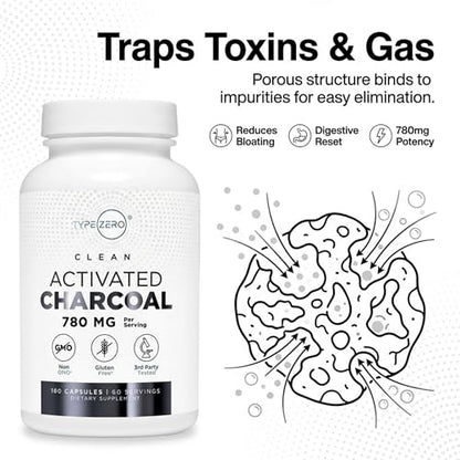 Type Zero Activated Charcoal Capsules (180 Count) - 60 Servings, 780mg Per Serving, from Coconut Shell, Non-GMO, Gluten-Free - Maple Wellness Supplements