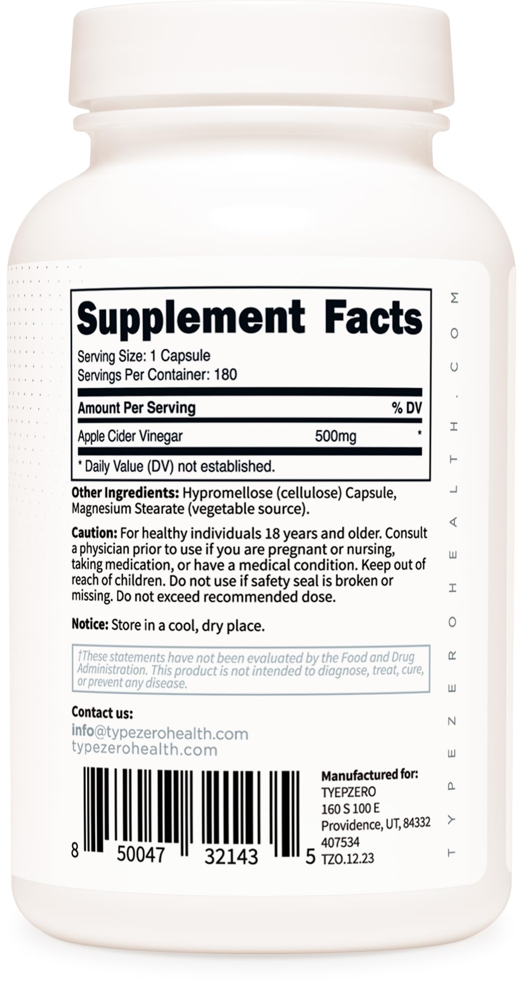 Type Zero Apple Cider Vinegar Capsules (180 Count) 500mg Per Serving - Non-GMO, Gluten-Free Supplement - Maple Wellness Supplements