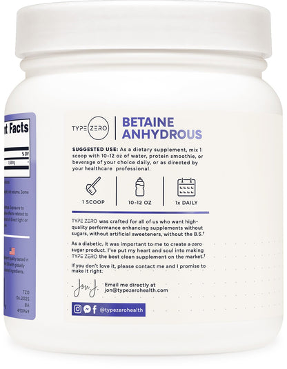 Type Zero Betaine Anhydrous Powder (1 LB) Unflavored - Clean Betaine Anhydrous Supplement, TMG, Trimethylglycine, 1,500mg Per Serving, Keto, GMO-Free - Maple Wellness Supplements