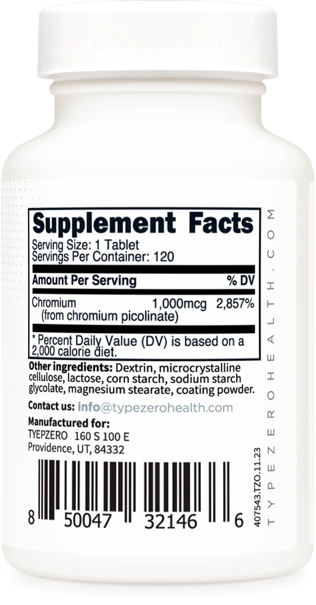 Type Zero Clean Chromium Picolinate Tablets (120 Servings, 1,000 MCG Per Serving) - Non-GMO, Gluten Free - Maple Wellness Supplements