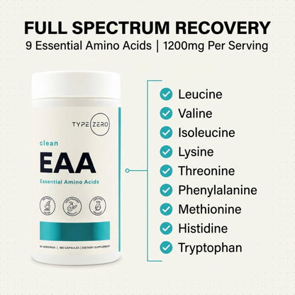 Type Zero Clean EAA Capsules (1,200mg per Serving), Essential Amino Acids Supplement with 9 EAAs, 180 Capsules, 90 Servings - Maple Wellness Supplements