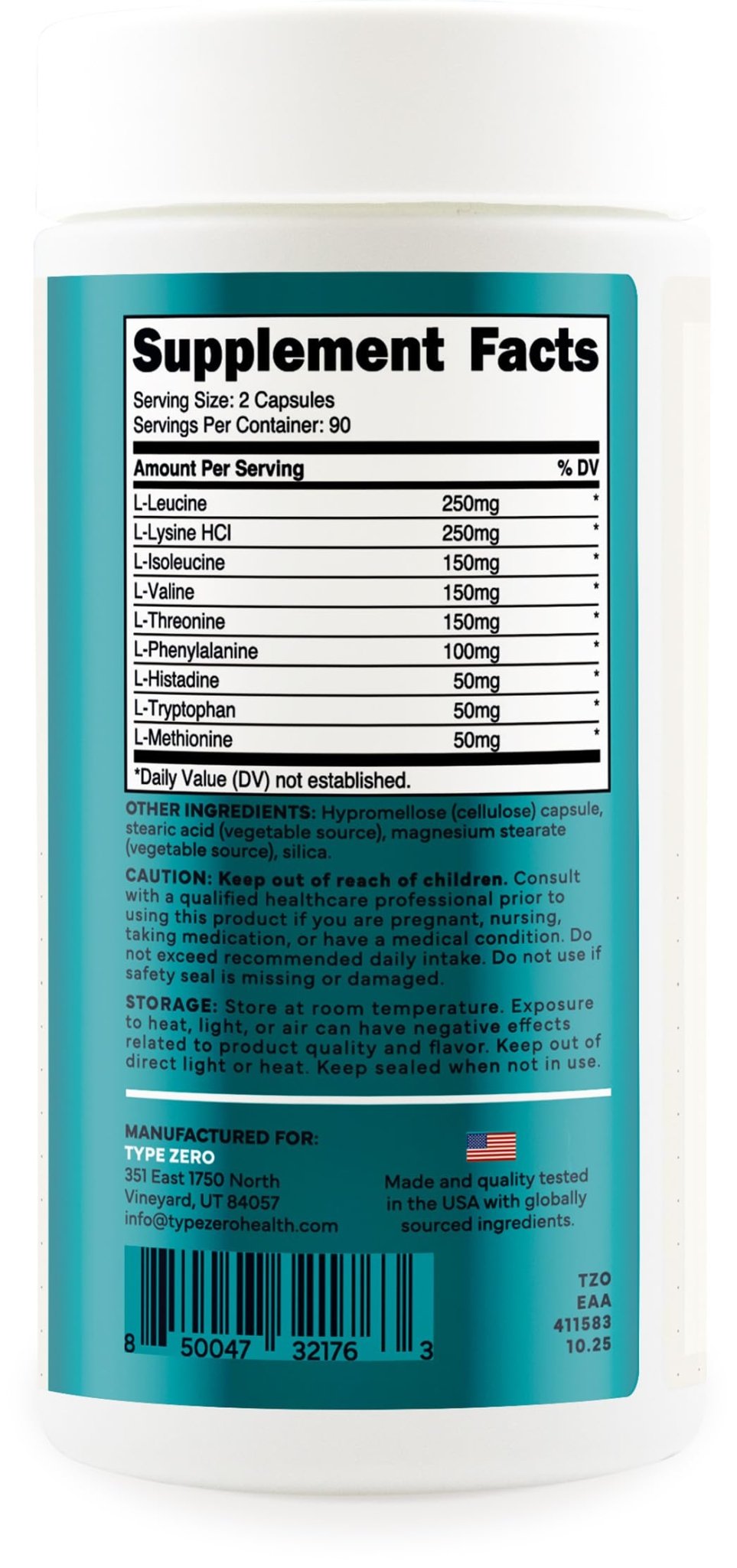 Type Zero Clean EAA Capsules (1,200mg per Serving), Essential Amino Acids Supplement with 9 EAAs, 180 Capsules, 90 Servings - Maple Wellness Supplements