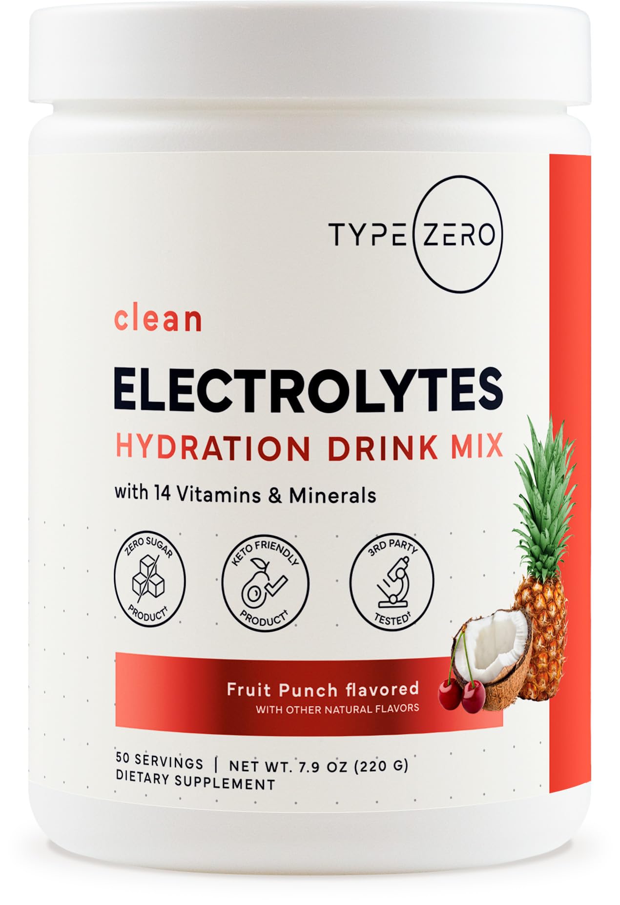 Type Zero Clean Electrolytes Hydration Powder Drink Mix + 14 Essential Vitamins & Minerals - Sugar Free, Zero Artificial Ingredients - Fruit Punch, 50 Servings - Maple Wellness Supplements