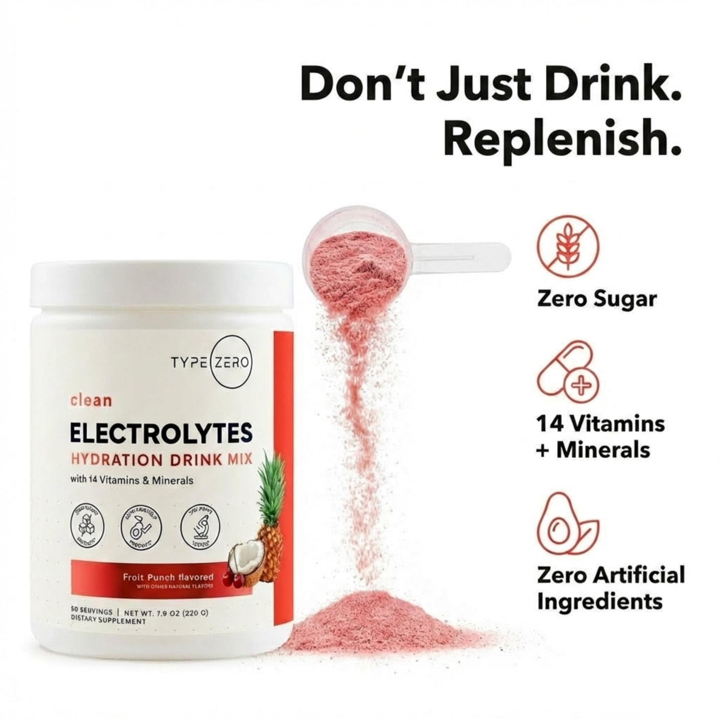 Type Zero Clean Electrolytes Hydration Powder Drink Mix + 14 Essential Vitamins & Minerals - Sugar Free, Zero Artificial Ingredients - Fruit Punch, 50 Servings - Maple Wellness Supplements