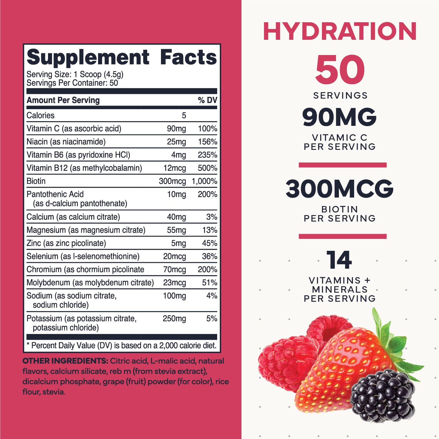 Type Zero Clean Electrolytes Hydration Powder Drink Mix + 14 Essential Vitamins & Minerals - Sugar Free, Zero Artificial Ingredients - Mixed Berry Flavor, 50 Servings - Maple Wellness Supplements