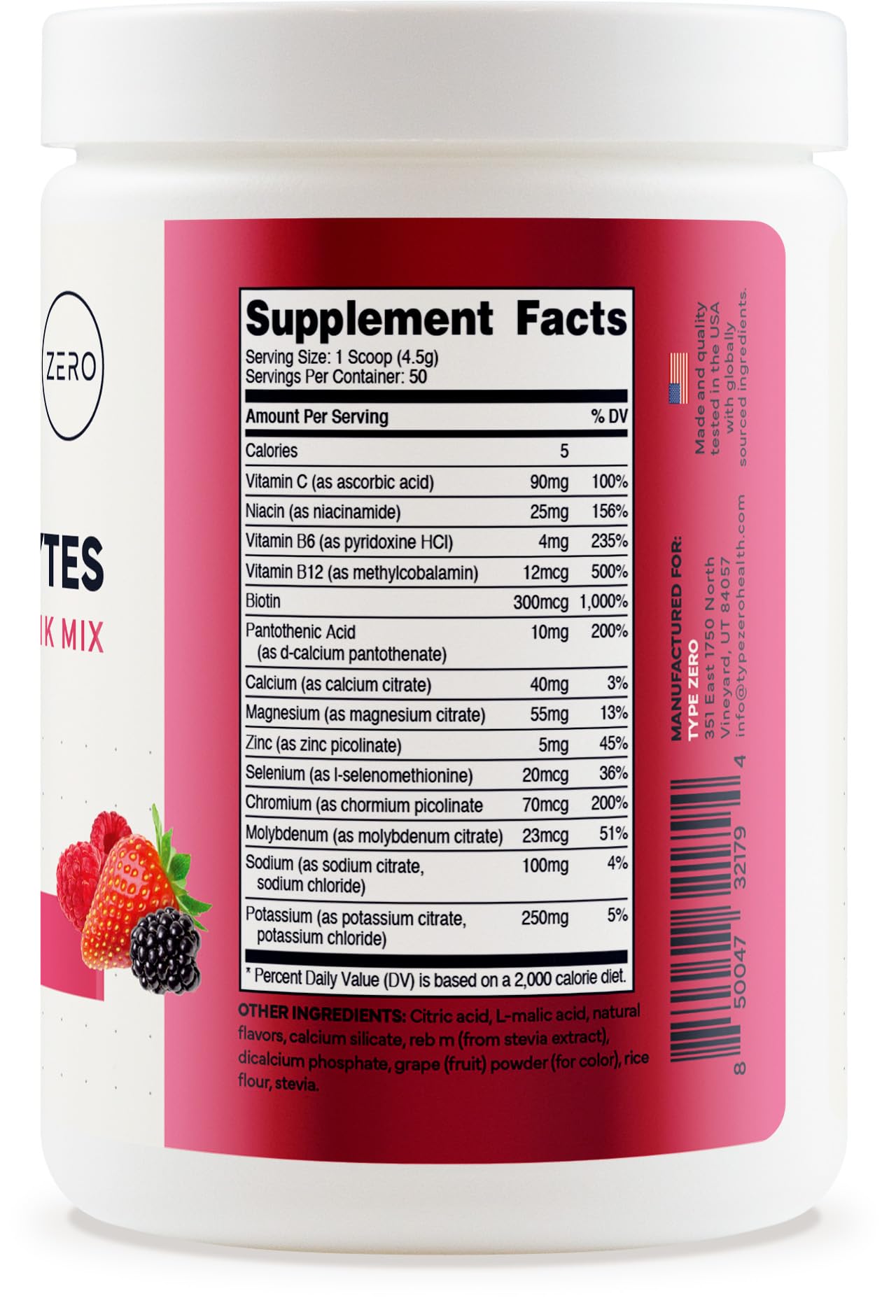 Type Zero Clean Electrolytes Hydration Powder Drink Mix + 14 Essential Vitamins & Minerals - Sugar Free, Zero Artificial Ingredients - Mixed Berry Flavor, 50 Servings - Maple Wellness Supplements