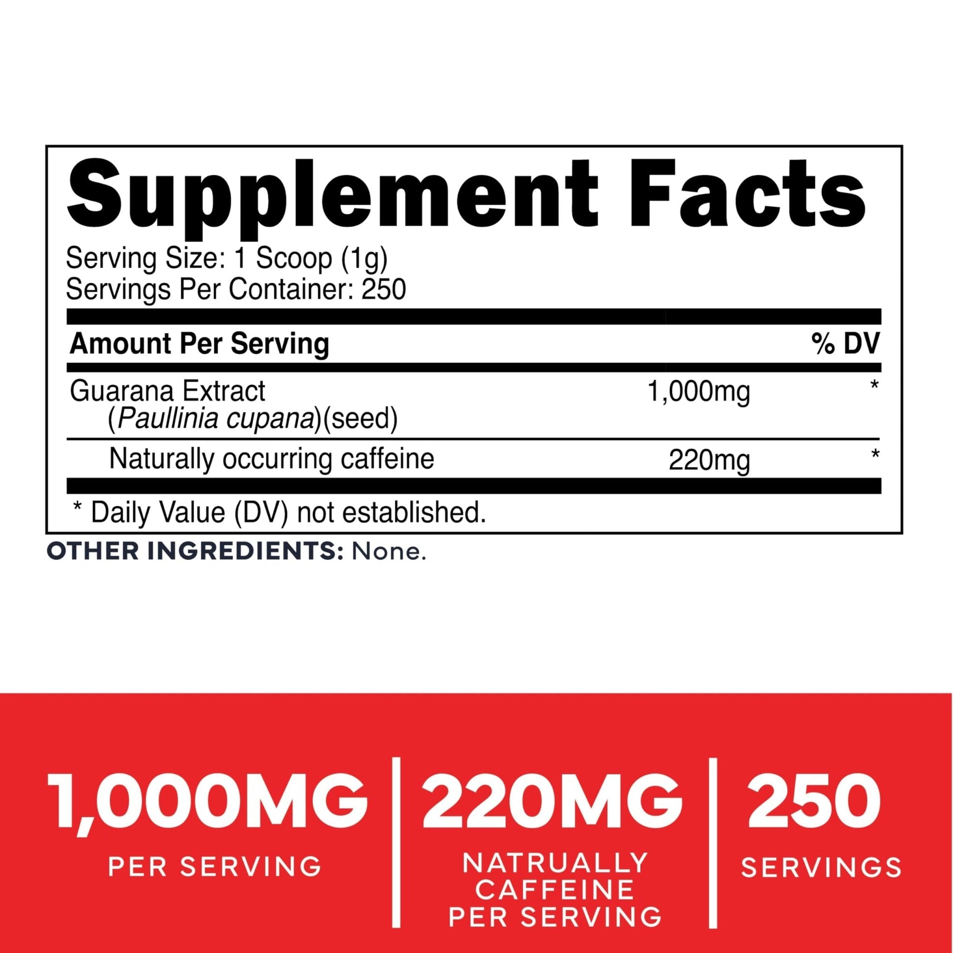 Type Zero Clean Guarana Powder Drink Mix (250 Servings, Unflavored) - 220 MG Caffeine Per Serving, Natural Caffeine, Non GMO, Gluten Free - Maple Wellness Supplements