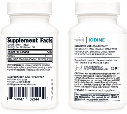 Type Zero Clean Iodine Tablets (60 Servings, 325 MCG Per Serving) - from Sea Kelp, Non-GMO, Gluten Free - Maple Wellness Supplements