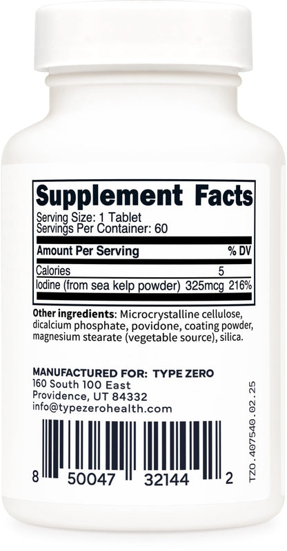 Type Zero Clean Iodine Tablets (60 Servings, 325 MCG Per Serving) - from Sea Kelp, Non-GMO, Gluten Free - Maple Wellness Supplements