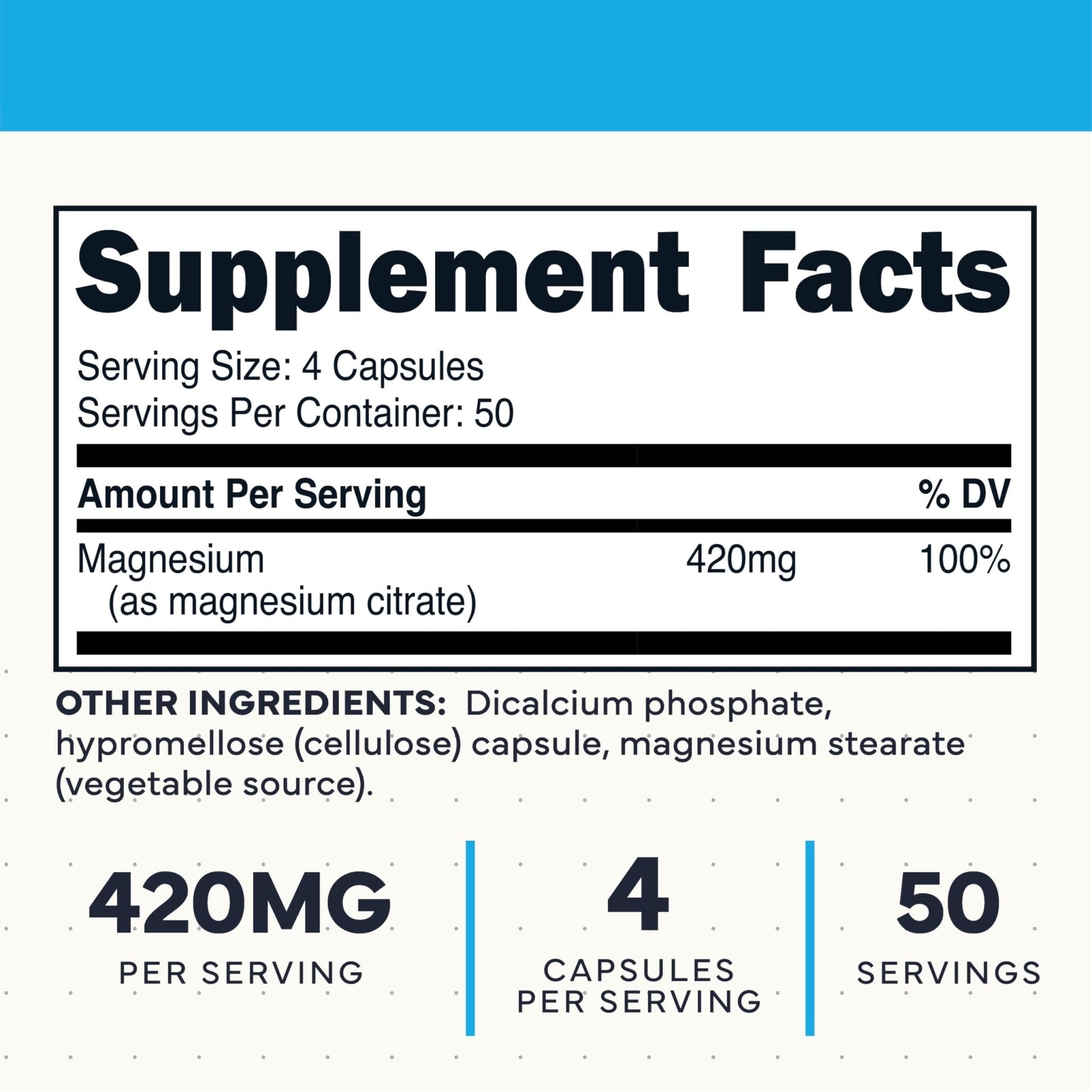 Type Zero Clean Magnesium Citrate Capsules (420mg Per Serving - 200 Capsules) Pure Magnesium Citrate Supplement, Non-GMO - Gluten Free, 50 Servings - Maple Wellness Supplements
