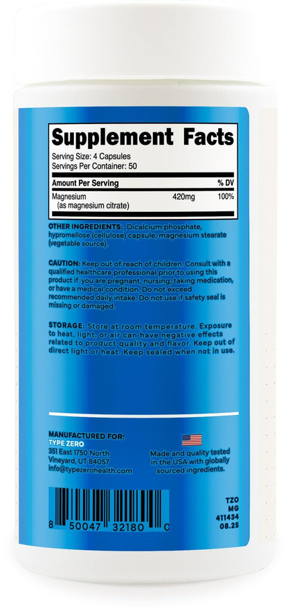 Type Zero Clean Magnesium Citrate Capsules (420mg Per Serving - 200 Capsules) Pure Magnesium Citrate Supplement, Non-GMO - Gluten Free, 50 Servings - Maple Wellness Supplements