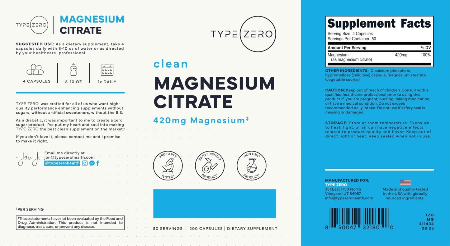 Type Zero Clean Magnesium Citrate Capsules (420mg Per Serving - 200 Capsules) Pure Magnesium Citrate Supplement, Non-GMO - Gluten Free, 50 Servings - Maple Wellness Supplements