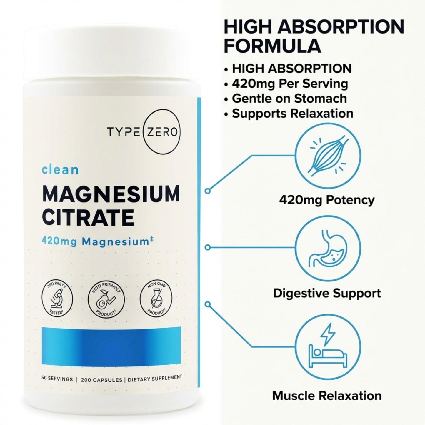 Type Zero Clean Magnesium Citrate Capsules (420mg Per Serving - 200 Capsules) Pure Magnesium Citrate Supplement, Non-GMO - Gluten Free, 50 Servings - Maple Wellness Supplements
