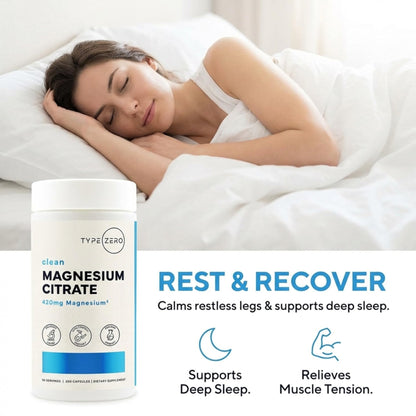 Type Zero Clean Magnesium Citrate Capsules (420mg Per Serving - 200 Capsules) Pure Magnesium Citrate Supplement, Non-GMO - Gluten Free, 50 Servings - Maple Wellness Supplements