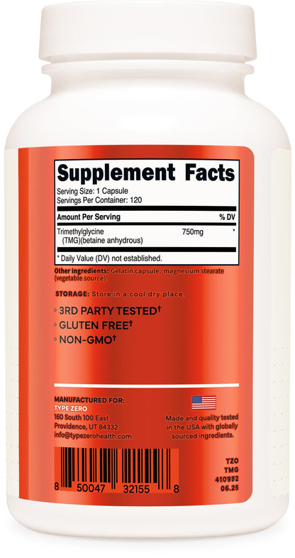Type Zero Clean TMG Trimethylglycine Capsules (120 Servings) - Non GMO, Gluten Free - Maple Wellness Supplements