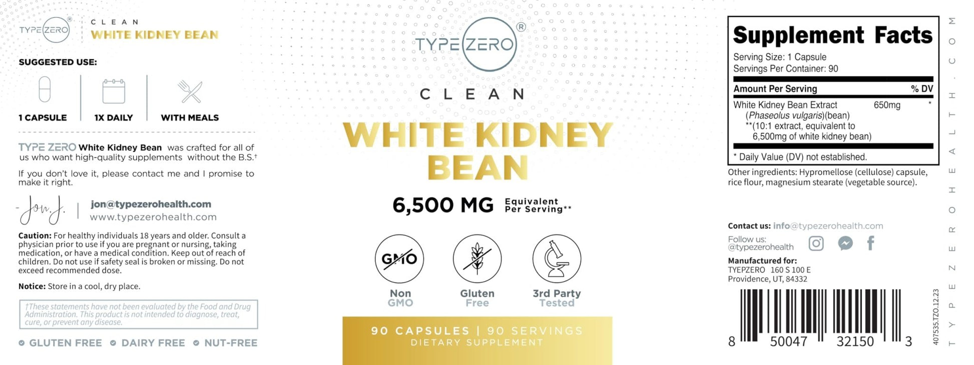 Type Zero Clean White Kidney Bean Capsules (6,500 MG Equivalent Per Serving, 90 Count) - Non-GMO, Gluten Free - Maple Wellness Supplements