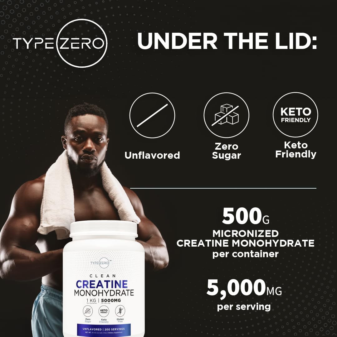 Type Zero Creatine Monohydrate (Unflavored) 1 KG, 5000mg (5g) Per Serving, Micronized, Zero Sugar, Keto Friendly & Gluten Free, 200 Servings - Maple Wellness Supplements